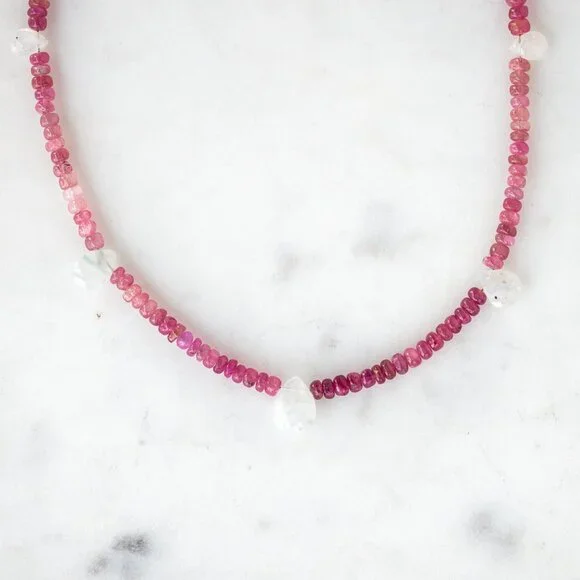 Gorgeous Pink Tourmaline & Moonstone Necklace Unique Handmade Necklace Beautiful